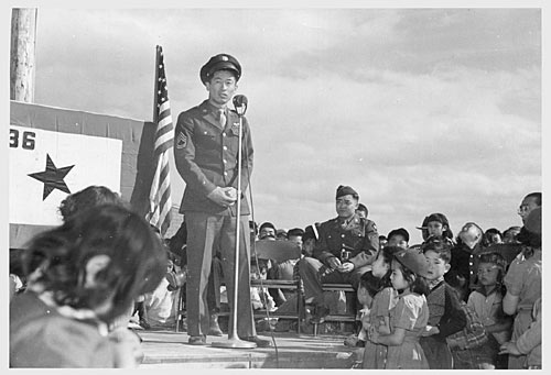 Sgt. Kuroki being welcomed to the camp at Heart Mountain.