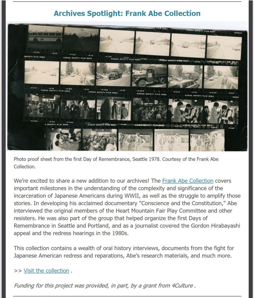 page from Densho email newsletter
