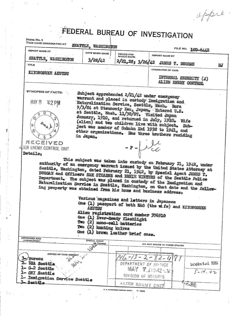 FBI report on Kiyonosuke Akutsu arrest