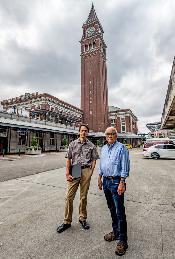 Ross and Frank at clock tower of King Street Station